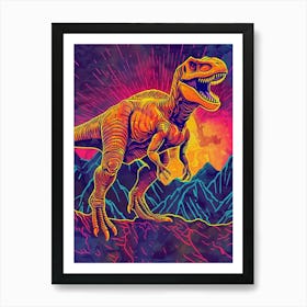 Neon Linework Dinosaur In The Mountains Art Print