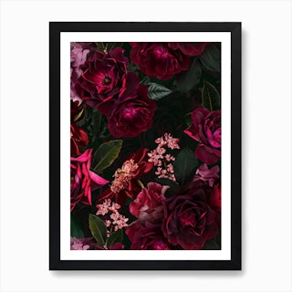 Vintage Midnight Summer Botanical Roses Garden Art Print