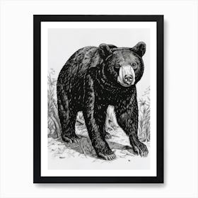 Malayan Sun Bear Standing In A Forests Ink Illustration 3 Art Print