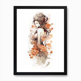 Abstract Watercolor Inks Asian Woman With Flowers Art Print