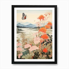 Butterfly With Flowers Japanese Style Painting 1 Art Print