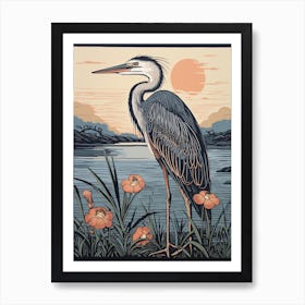 Vintage Bird Linocut Great Blue Heron 5 Art Print