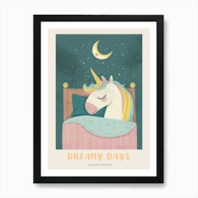 Pastel Storybook Style Unicorn Sleeping In A Duvet With The Moon 1 Poster Art Print