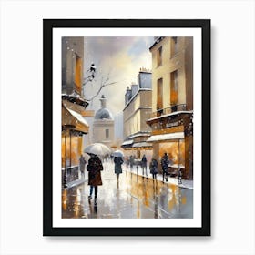 Paris cafes, winter season, Christmas, autumn oil colors, pale colors, pedestrians in the street, winter clothes, falling snow.Christmas decorations.4 2 Art Print