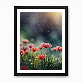 Pink Flowers In The Rain Art Print