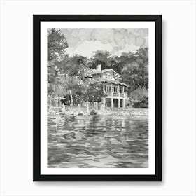 The Oasis On Lake Travis Austin Texas Black And White Watercolour 1 Art Print