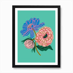 Pink And Blue Flowers on teal Art Print