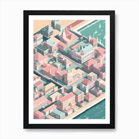 European Town Sea Meets City Buildings Architecture Pastel Colours Art Print