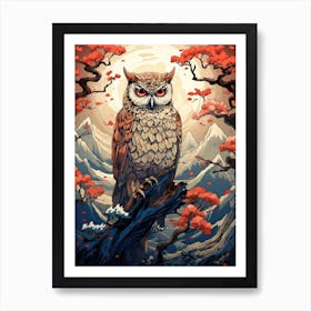 Owl Animal Drawing In The Style Of Ukiyo E 4 Art Print