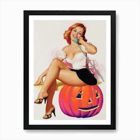 Pin Up Pumpkin Girl On The Phone Art Print