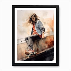 Girl Skateboarding In Cape Town, South Africa Watercolour 2 Art Print