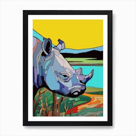 Simple Line Illustration Rhino By The River 3 Art Print