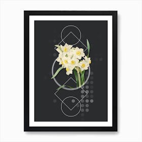 Vintage Bunch Flowered Daffodil Botanical with Geometric Line Motif and Dot Pattern Art Print