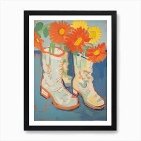 Painting Of Red Flowers And Cowboy Boots, Oil Style 10 Art Print