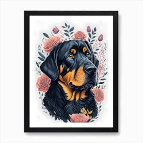 Floral Rottweiler Dog Painting (3) Art Print