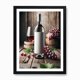 Wine Bottle, glass of red wine And Grapes On Wooden Background Art Print