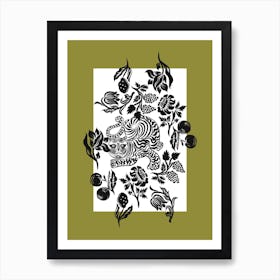 Tiger Flower Black And White Green Frame Art Print