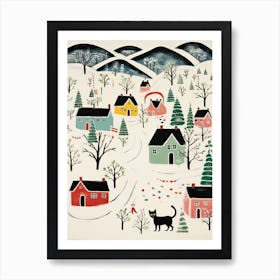 Black Cat Winter Mountain Village Christmas Art Print
