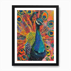 Peacock & Feathers Colourful Portrait 1 Art Print