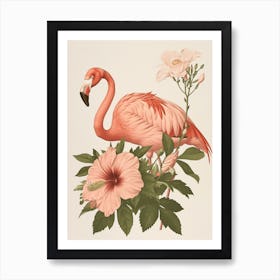 American Flamingo And Hibiscus Minimalist Illustration 1 Art Print