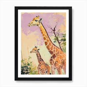 Sweet Giraffe & Calf Illustration 3 Art Print