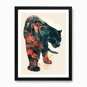 Double Exposure Realistic Black Panther With Jungle Art Print