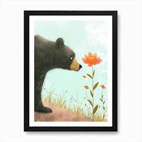 American Black Bear Sniffing A Flower Storybook Illustration 4 Art Print