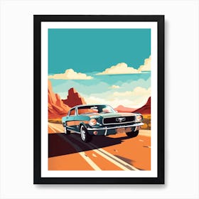 A Ford Mustang Car In Route 66 Flat Illustration 3 Art Print