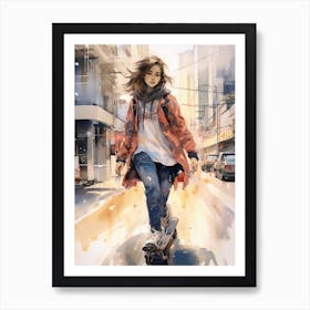 Girl Skateboarding In Tokyo, Japan Watercolour 1 Art Print