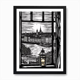 Window View Of Stockholm Sweden   Black And White Colouring Pages Line Art 2 Art Print