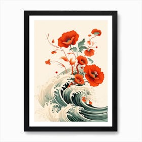 Great Wave With Poppy Flower Drawing In The Style Of Ukiyo E 1 Art Print