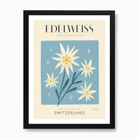 Vintage Blue And White Edelweiss Flower Of Switzerland Art Print