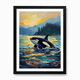 Blue & Orange Orca Whale Oil Painting Style Art Print