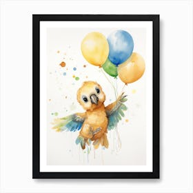 Baby Parrot Flying With Ballons, Watercolour Nursery Art 1 Art Print