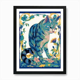 Blue Cat Botanical Art Nouveau Style Art Print