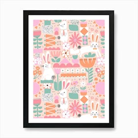 Cute Easter Bunnies and Birds Cut Out Collage Orange, Sage Green, Peach Pink Kids Art Print