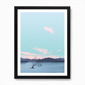 Wanaka Tree New Zealand Lake Mountains Sky Pink Clouds Art Print