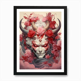 Horned Skull with Red Flowers Art Print