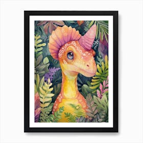 Teal Pastels Parasaurolophus Dinosaur In The Jungle 1 Art Print