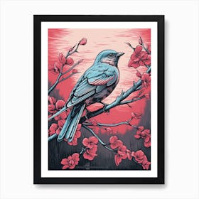 Bird On Tree Linocut Style 2 Art Print