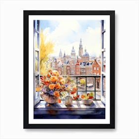 Window View Of Amsterdam Netherlands In Autumn Fall, Watercolour 1 Art Print