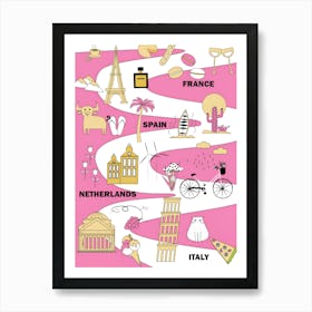 Pink Postcard Of France Roadmap Trip Europe Italy Spain Art Print