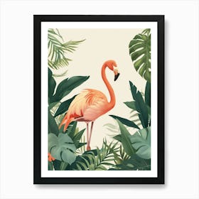 Lesser Flamingo And Philodendrons Minimalist Illustration 2 Art Print