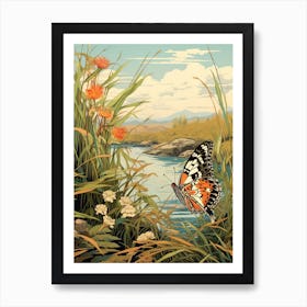 Butterfly By The River Japanese Style Painting 2 Art Print