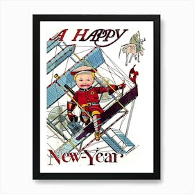 Little Pilot On Airplane Wish You A Happy New Year Art Print