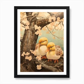 Duck & Duckling In The Flowers Japanese Woodblock Style 3 Art Print