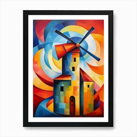 Windmill Tower III, Avant Garde Vibrant Colorful Painting in Cubism Picasso Style Art Print