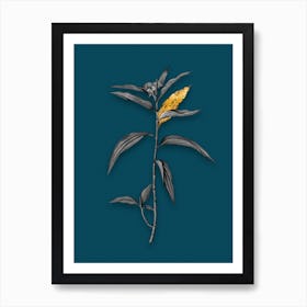 Vintage Dayflower Black and White Gold Leaf Floral Art on Teal Blue n.0412 Art Print