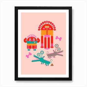 MONSTERS AND THEIR PETS Cute Kawaii Funny Alien Monsters with Pets Bones and Poo in Vintage Colours Kids Art Print