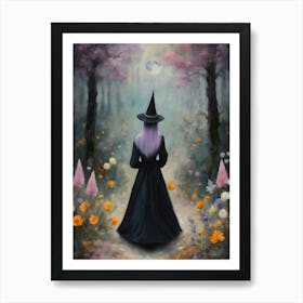 Purple Haired Witch in the Forest Speaking to the Full Moon- Art by Sarah Valentine Art Print